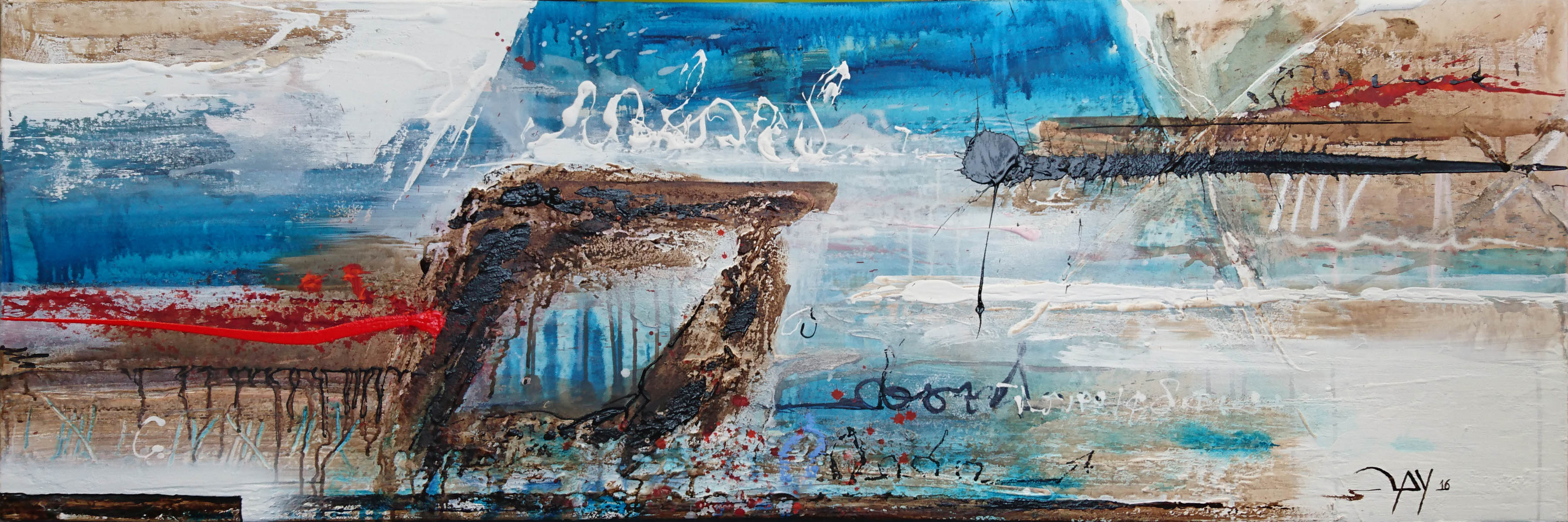 Acrylbild "blue lagoon" 150 x 50 cm in weissem Holzrahmen